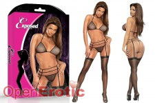 Bra, Strappy Garter Belt and G-String Set Black- S/M