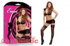 Cap Sleeve Top, Skirt and G-String Set Black - L/XL